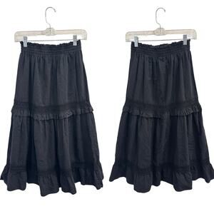 Evereve Red Haute Black Tracy Tiered Midi Peasant Skirt Boho Cottage Fairy Small